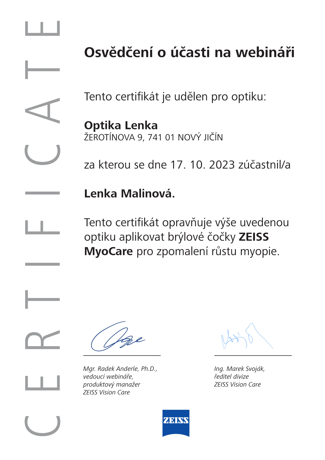 MyoCare - certifikát